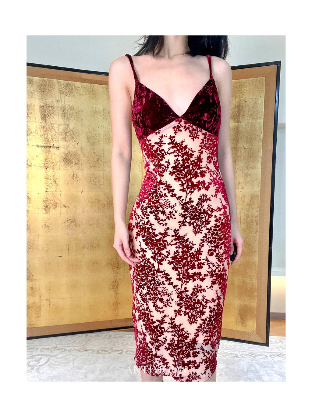 ANTIMOON Cherry Red Vintage Floral Burnout Women's Velvet Bodycon Midi Dresses