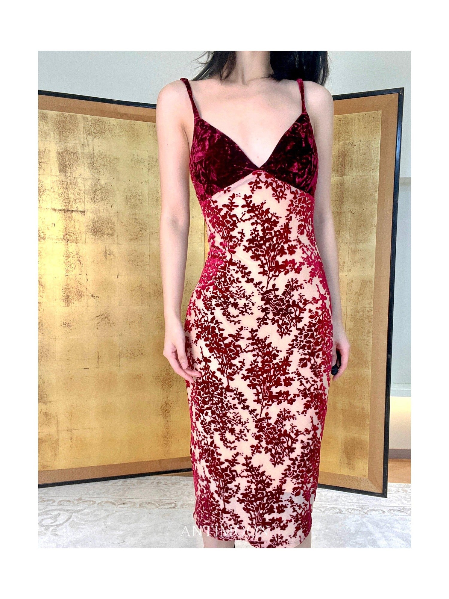 ANTIMOON Cherry Red Vintage Floral Burnout Women's Velvet Bodycon Midi Dresses