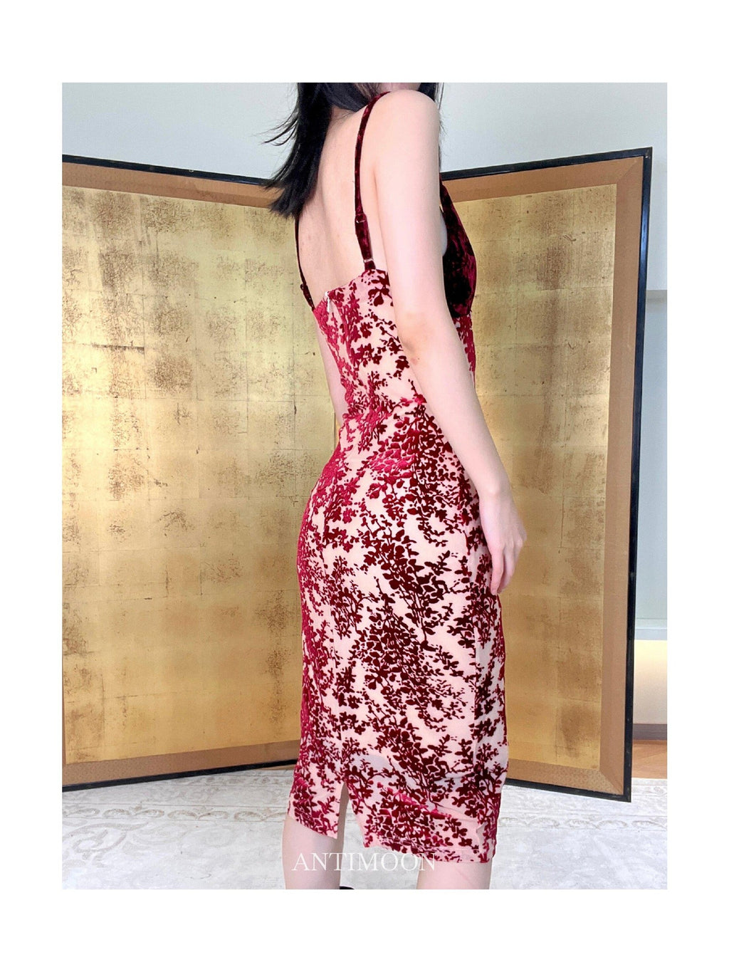 ANTIMOON Cherry Red Vintage Floral Burnout Women's Velvet Bodycon Midi Dresses