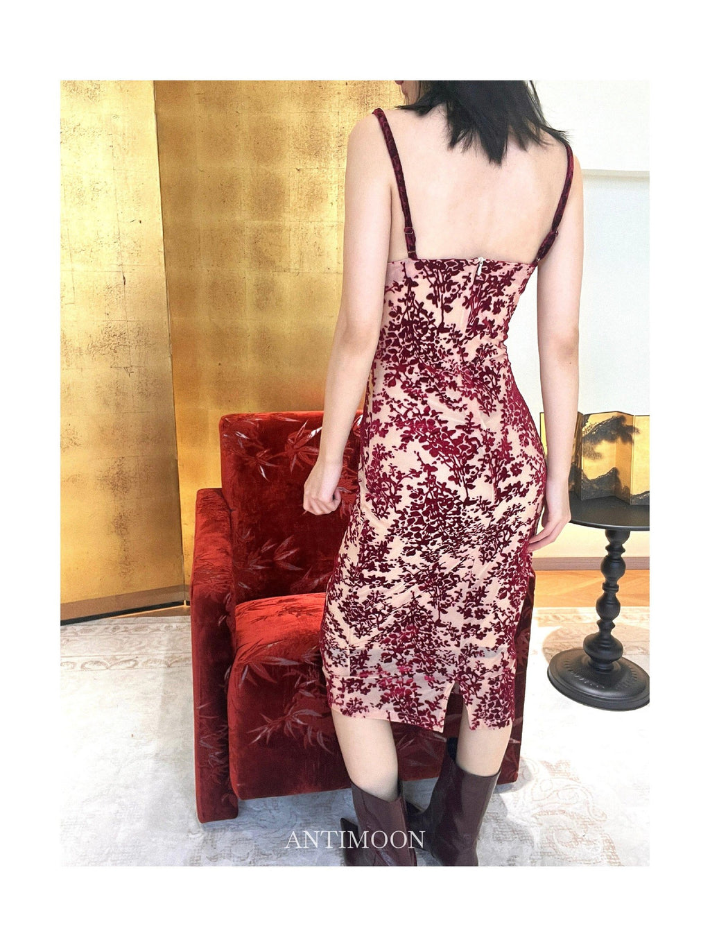 ANTIMOON Cherry Red Vintage Floral Burnout Women's Velvet Bodycon Midi Dresses