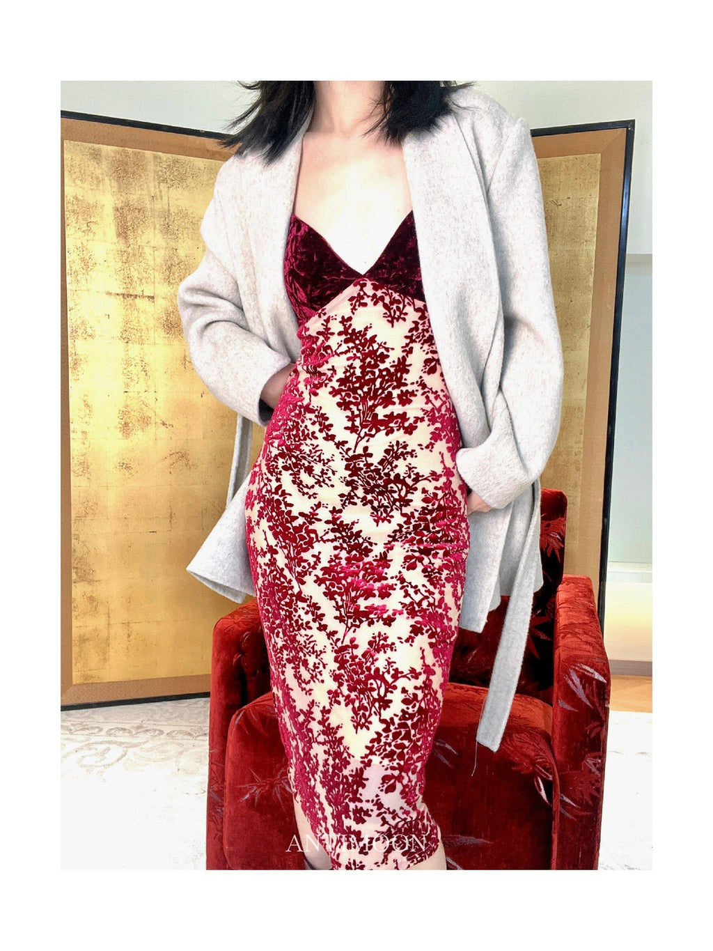 ANTIMOON Cherry Red Vintage Floral Burnout Women's Velvet Bodycon Midi Dresses
