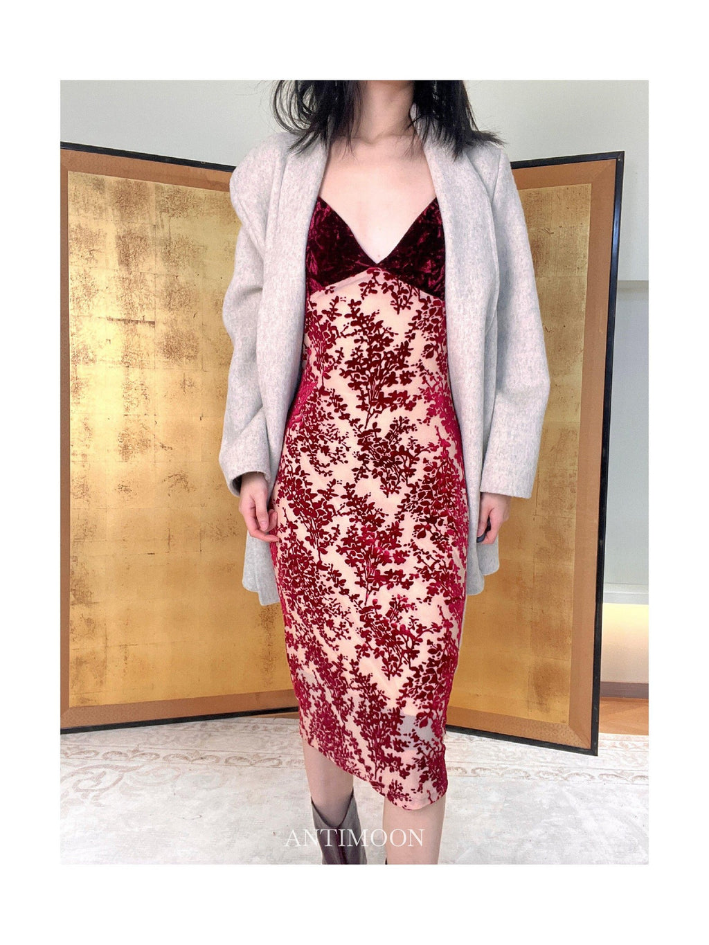 ANTIMOON Cherry Red Vintage Floral Burnout Women's Velvet Bodycon Midi Dresses