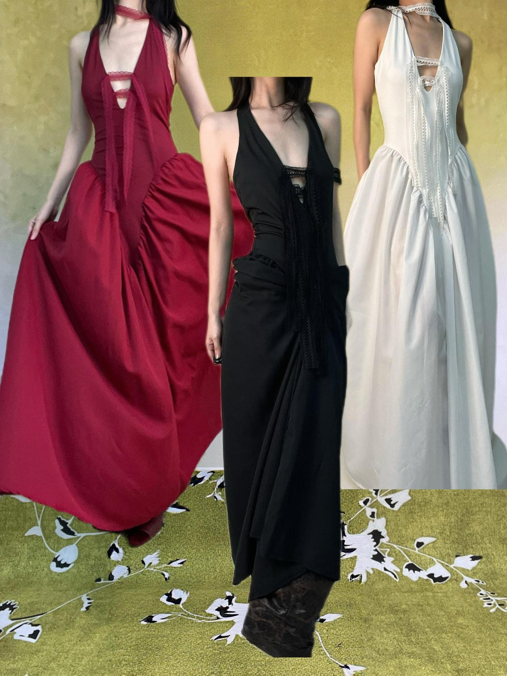ANTIMOON Classic Lace Convertible Halter Witch A Line Women's Polyester Slip Maxi Dresses