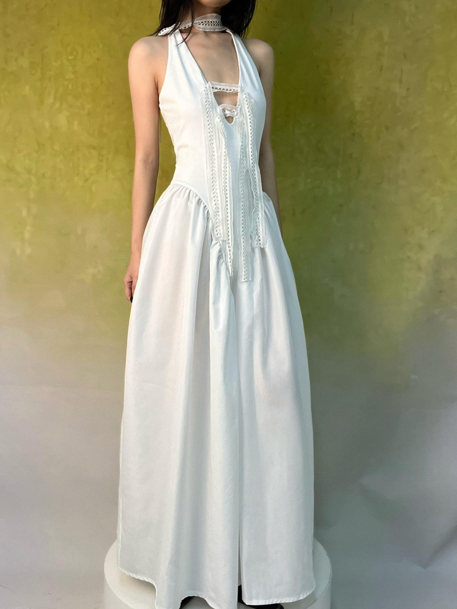 ANTIMOON Classic Lace Convertible Halter Witch A Line Women's Polyester Slip Maxi Dresses