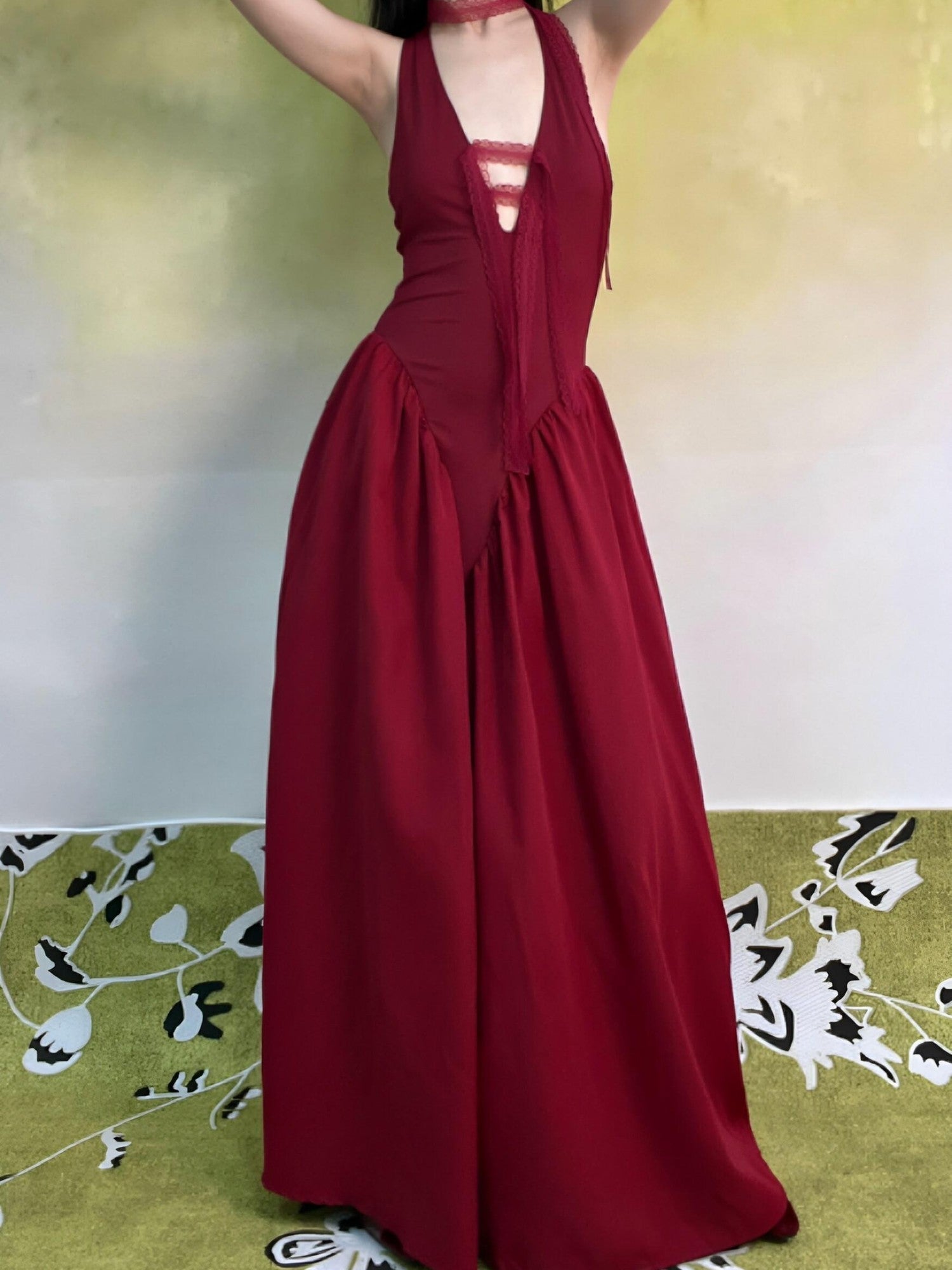 ANTIMOON Classic Lace Convertible Halter Witch A Line Women's Polyester Slip Maxi Dresses