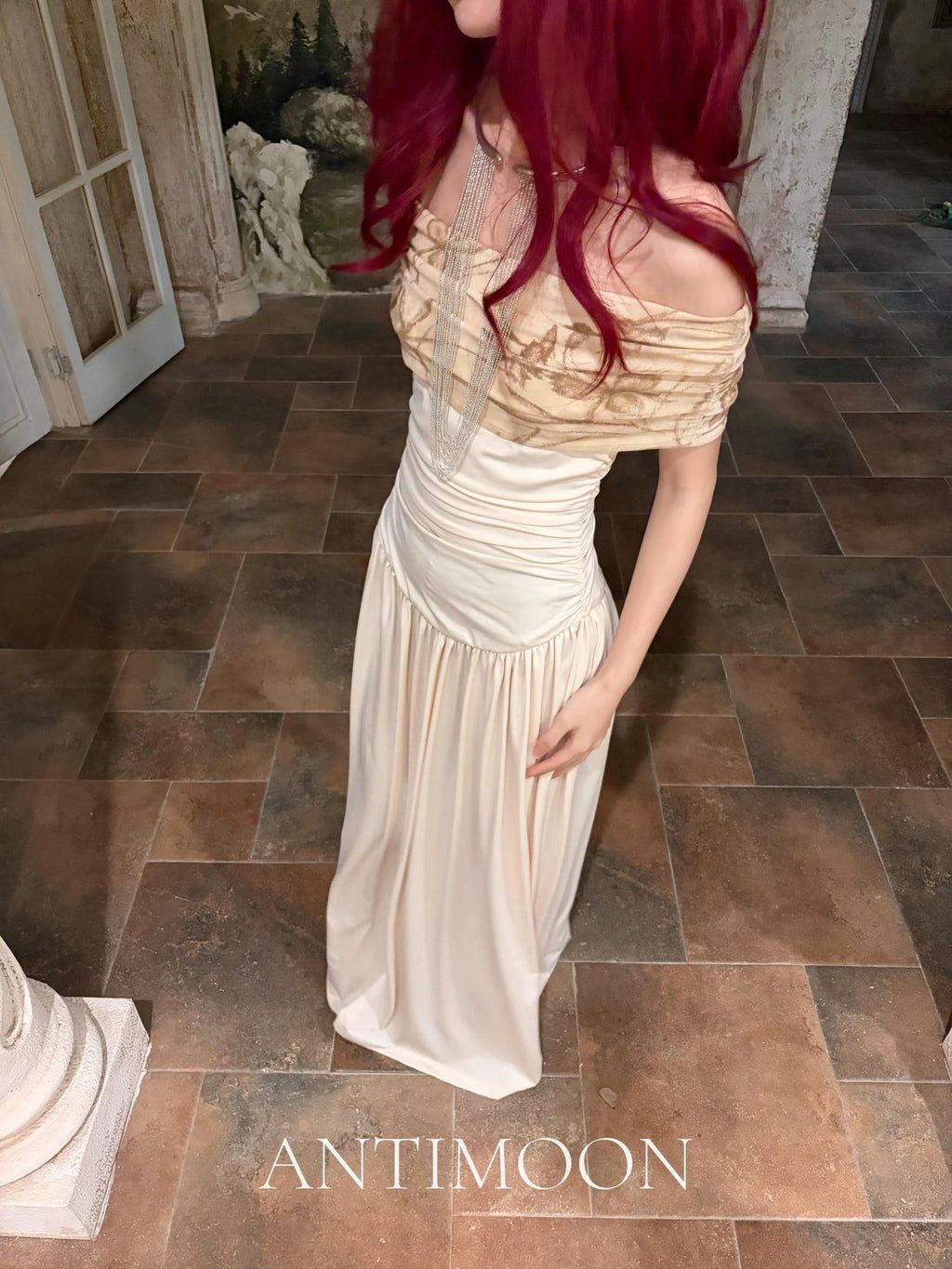 ANTIMOON Clivia Print Renaissance Draped Tube Top Women's Polyester Strapless Maxi Dresses