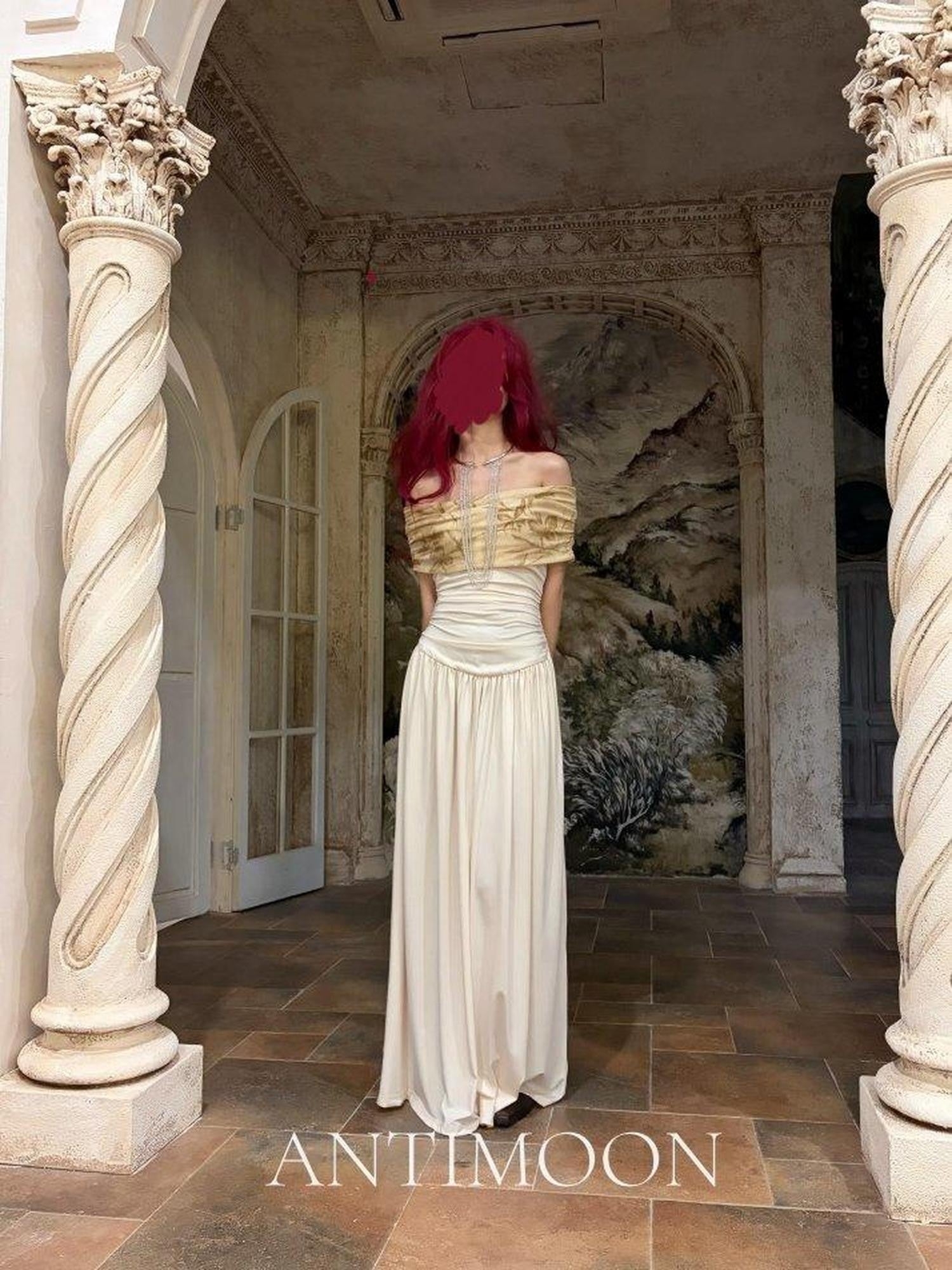 ANTIMOON Clivia Print Renaissance Draped Tube Top Women's Polyester Strapless Maxi Dresses
