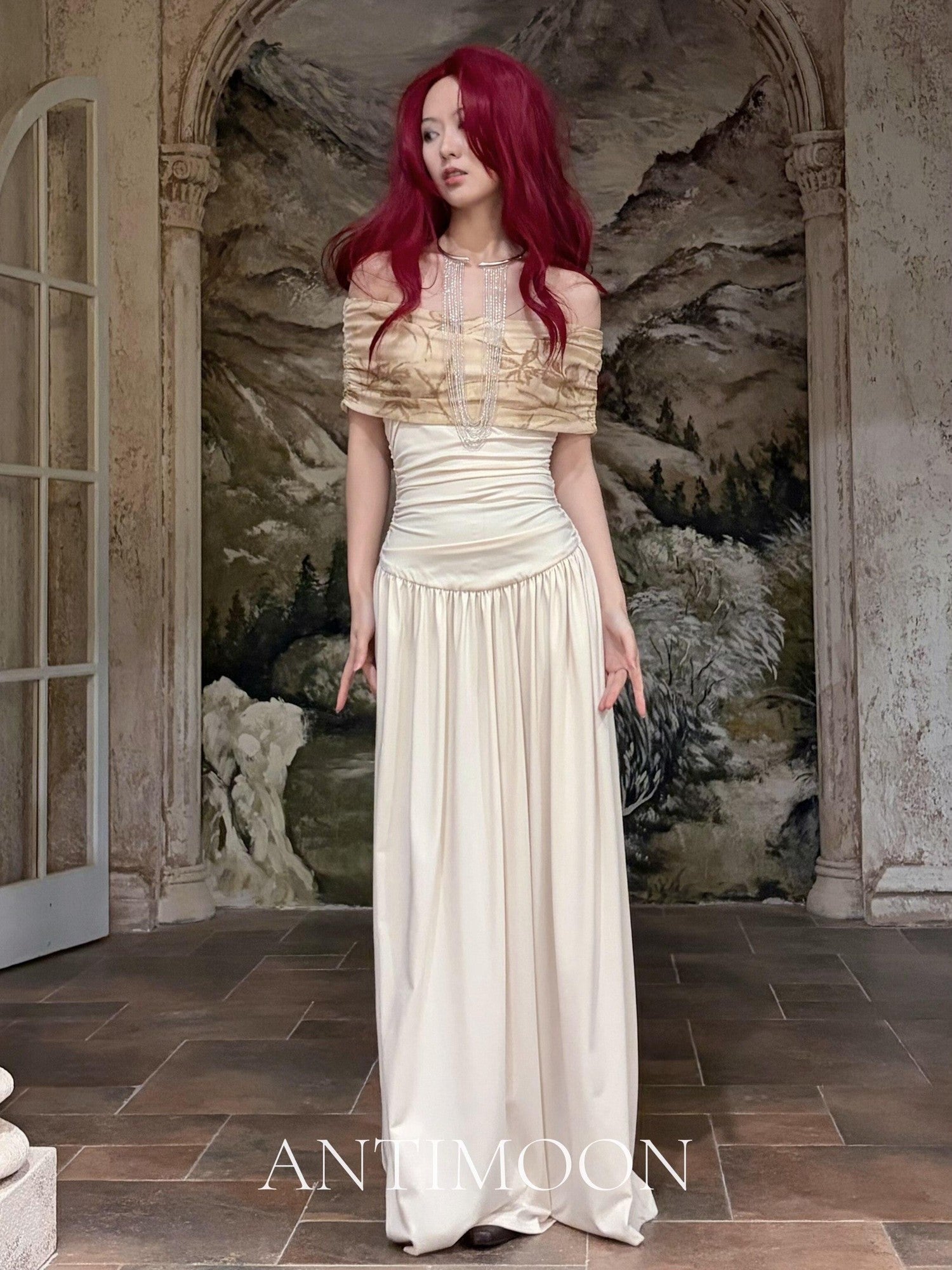 ANTIMOON Clivia Print Renaissance Draped Tube Top Women's Polyester Strapless Maxi Dresses