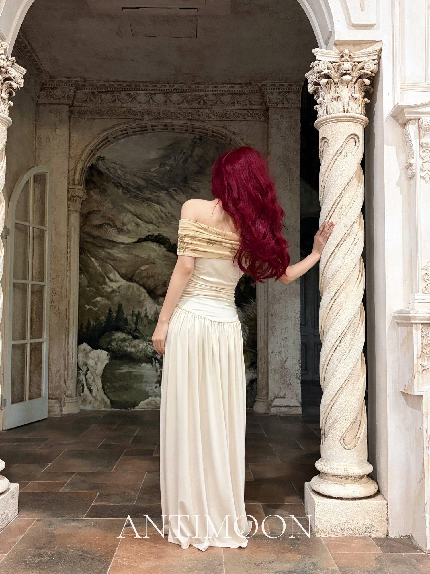 ANTIMOON Clivia Print Renaissance Draped Tube Top Women's Polyester Strapless Maxi Dresses