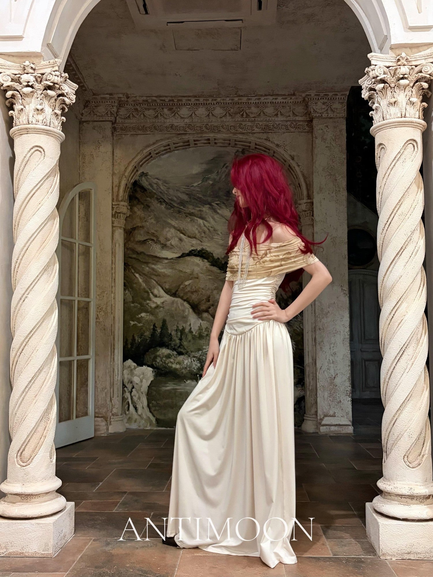 ANTIMOON Clivia Print Renaissance Draped Tube Top Women's Polyester Strapless Maxi Dresses