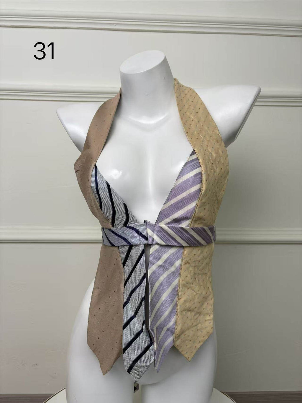 ANTIMOON_Colorblock_Patchwork_Plaid_Tie_Back_V-neck_Women's_Polyester_Halter_Tops_1031322523313_MISSTT
