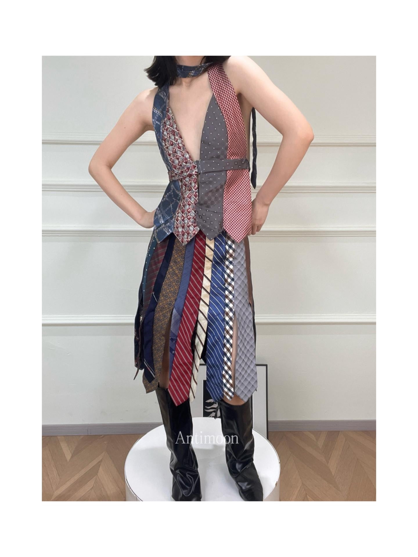 ANTIMOON Colorblock Patchwork Plaid Tie Back V-neck Women's Polyester Halter Tops