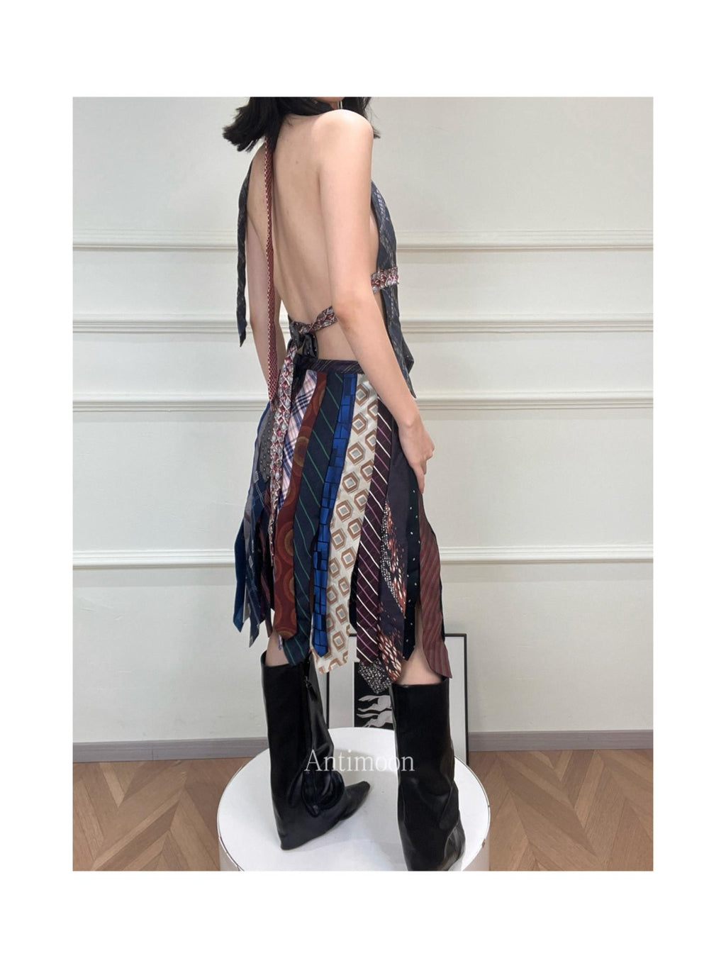 ANTIMOON Colorblock Patchwork Plaid Tie Back V-neck Women's Polyester Halter Tops