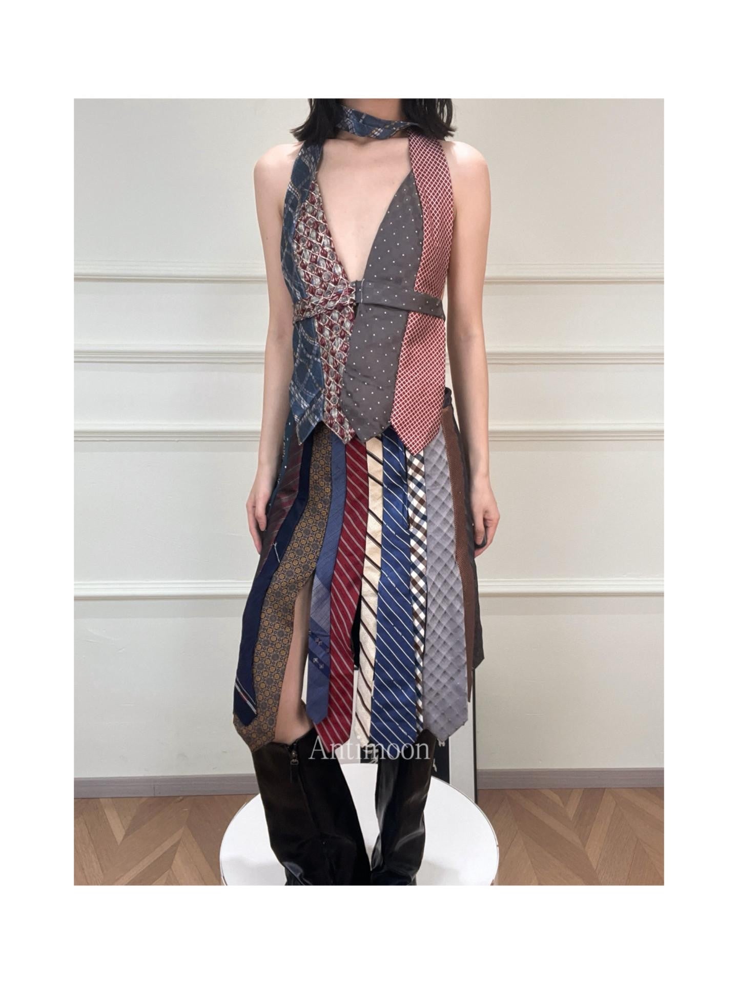 ANTIMOON Colorblock Patchwork Plaid Tie Back V-neck Women's Polyester Halter Tops