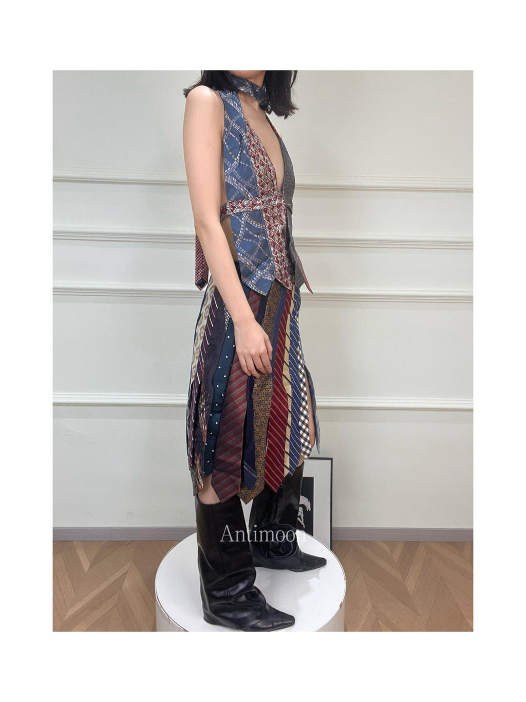 ANTIMOON Colorblock Patchwork Plaid Tie Back V-neck Women's Polyester Halter Tops