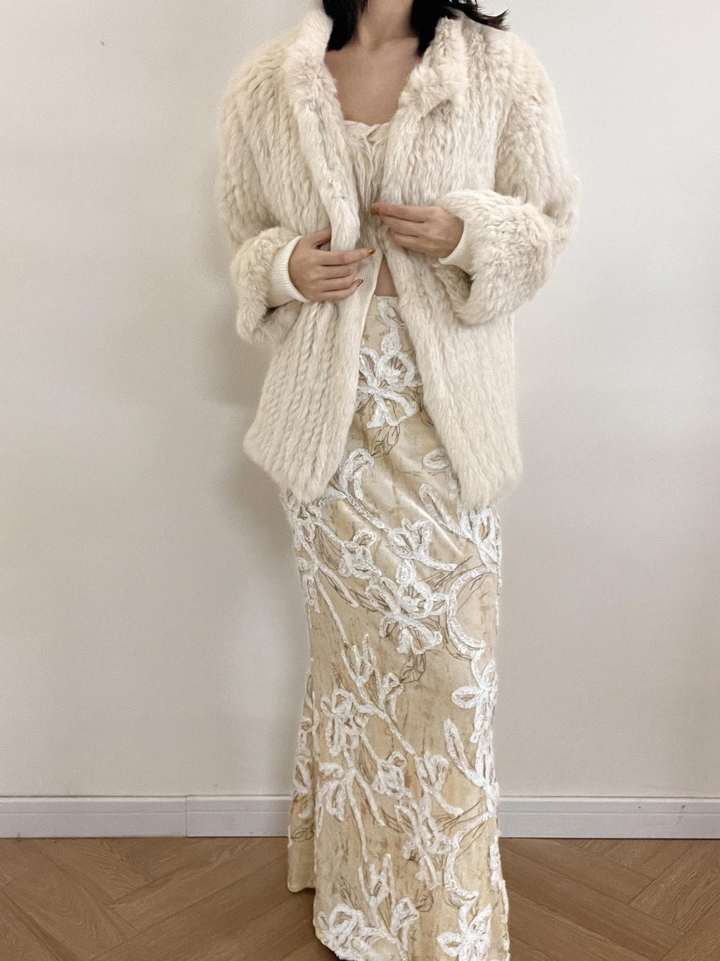 ANTIMOON Cream Beaded Embroidered Lace Women's Polyester Mermaid Skirts