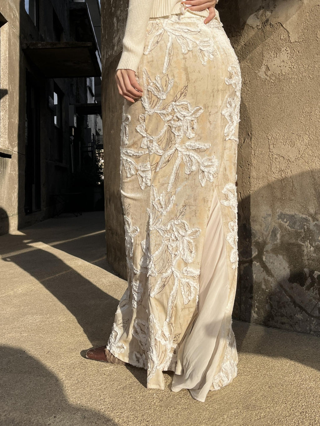 ANTIMOON Cream Beaded Embroidered Lace Women's Polyester Mermaid Skirts