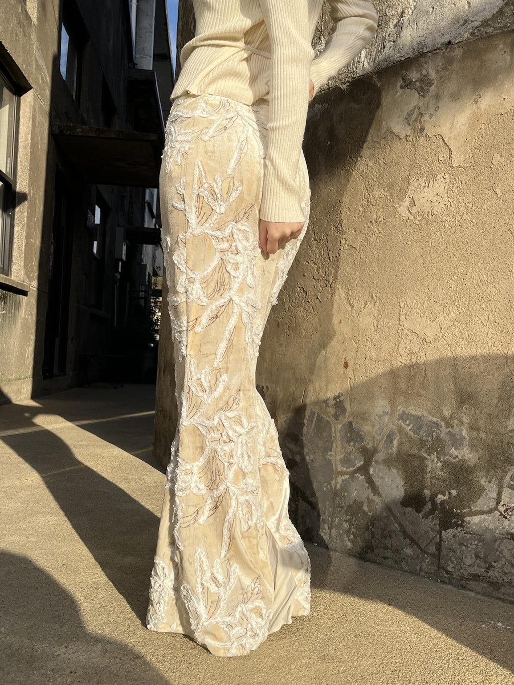 ANTIMOON Cream Beaded Embroidered Lace Women's Polyester Mermaid Skirts