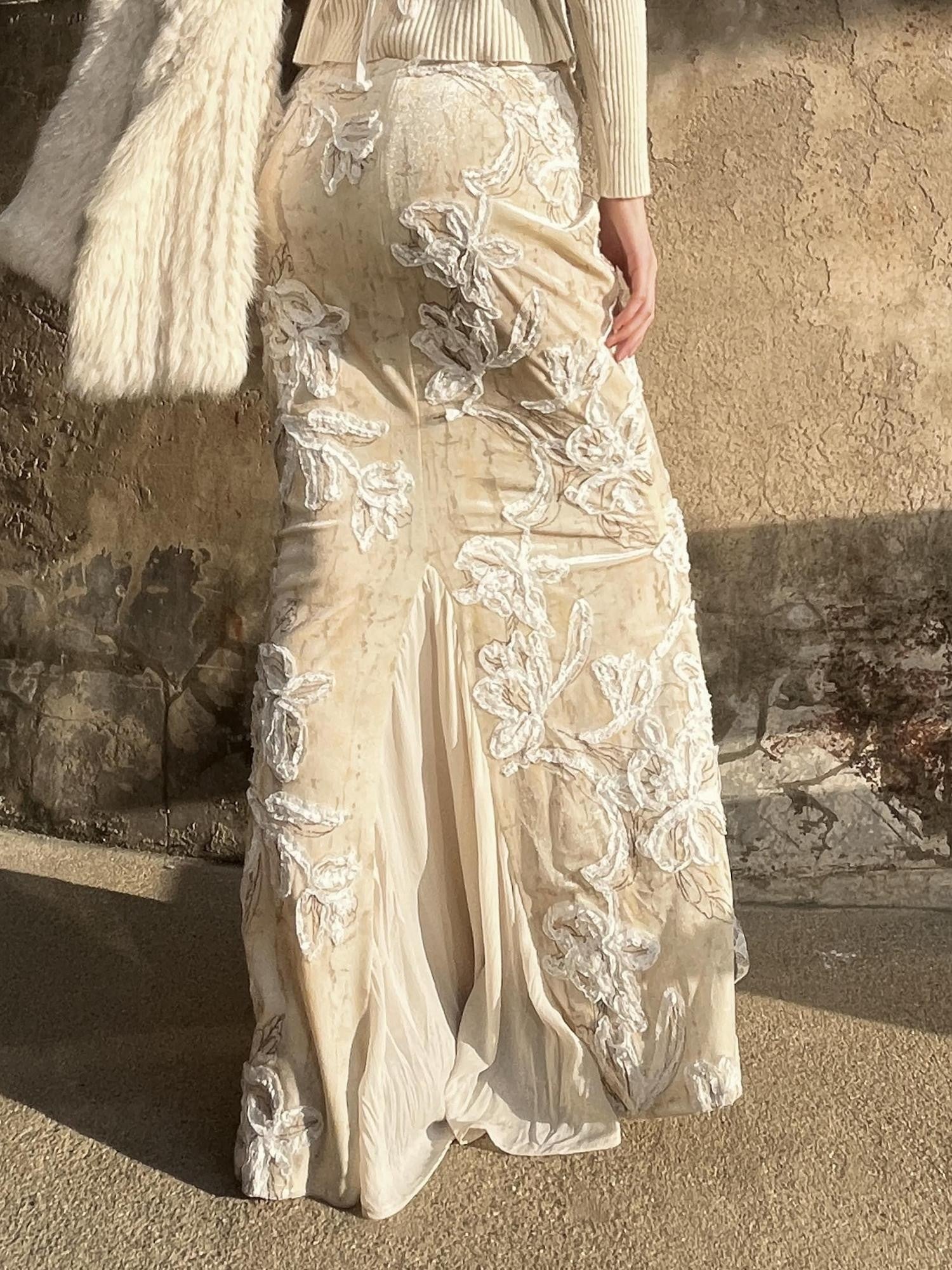 ANTIMOON Cream Beaded Embroidered Lace Women's Polyester Mermaid Skirts