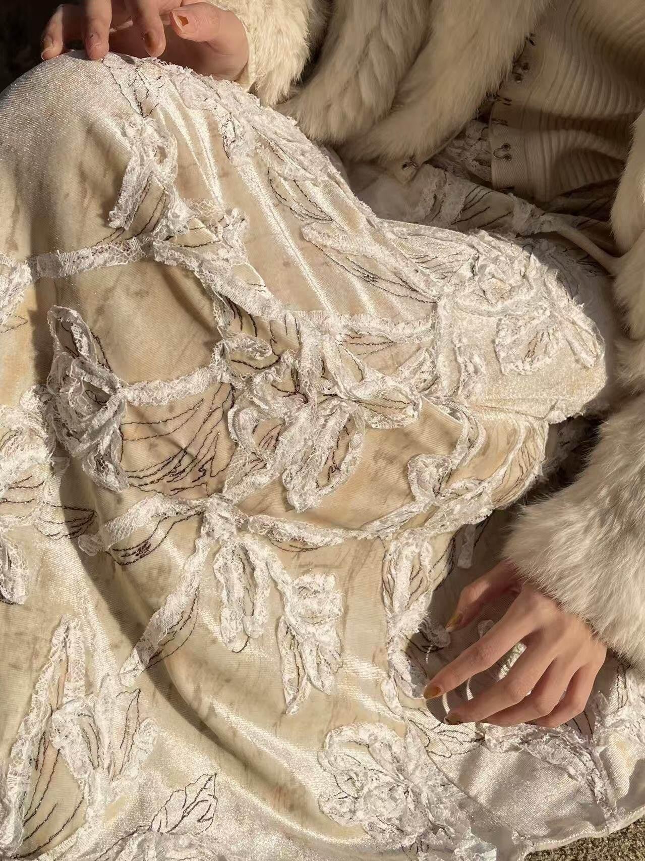 ANTIMOON Cream Beaded Embroidered Lace Women's Polyester Mermaid Skirts