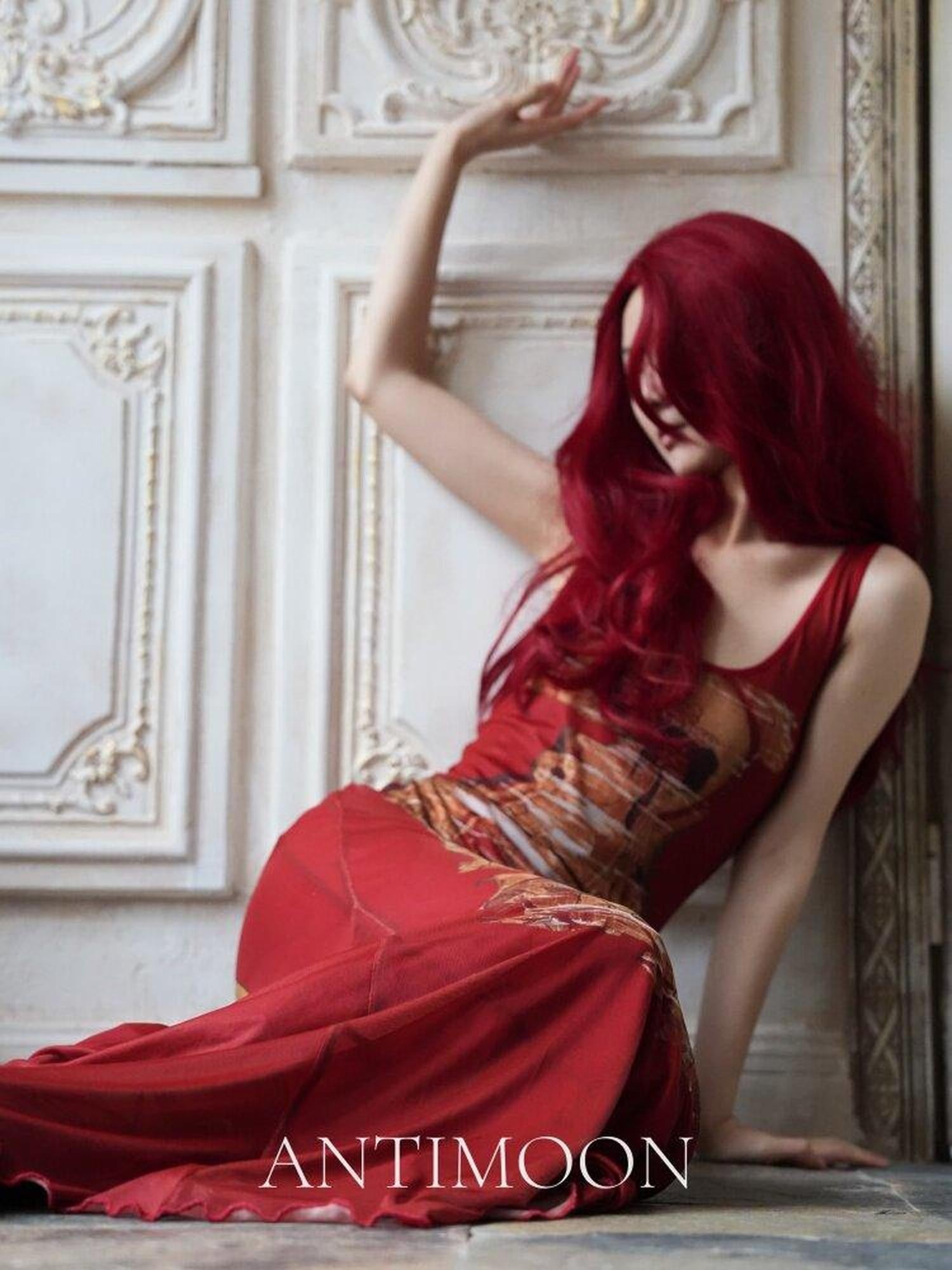 ANTIMOON Crimson Buddha Print Mermaid New Chinese Style Women's Bodycon Maxi Dresses