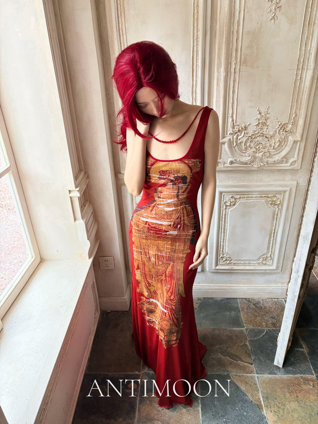 ANTIMOON Crimson Buddha Print Mermaid New Chinese Style Women's Bodycon Maxi Dresses