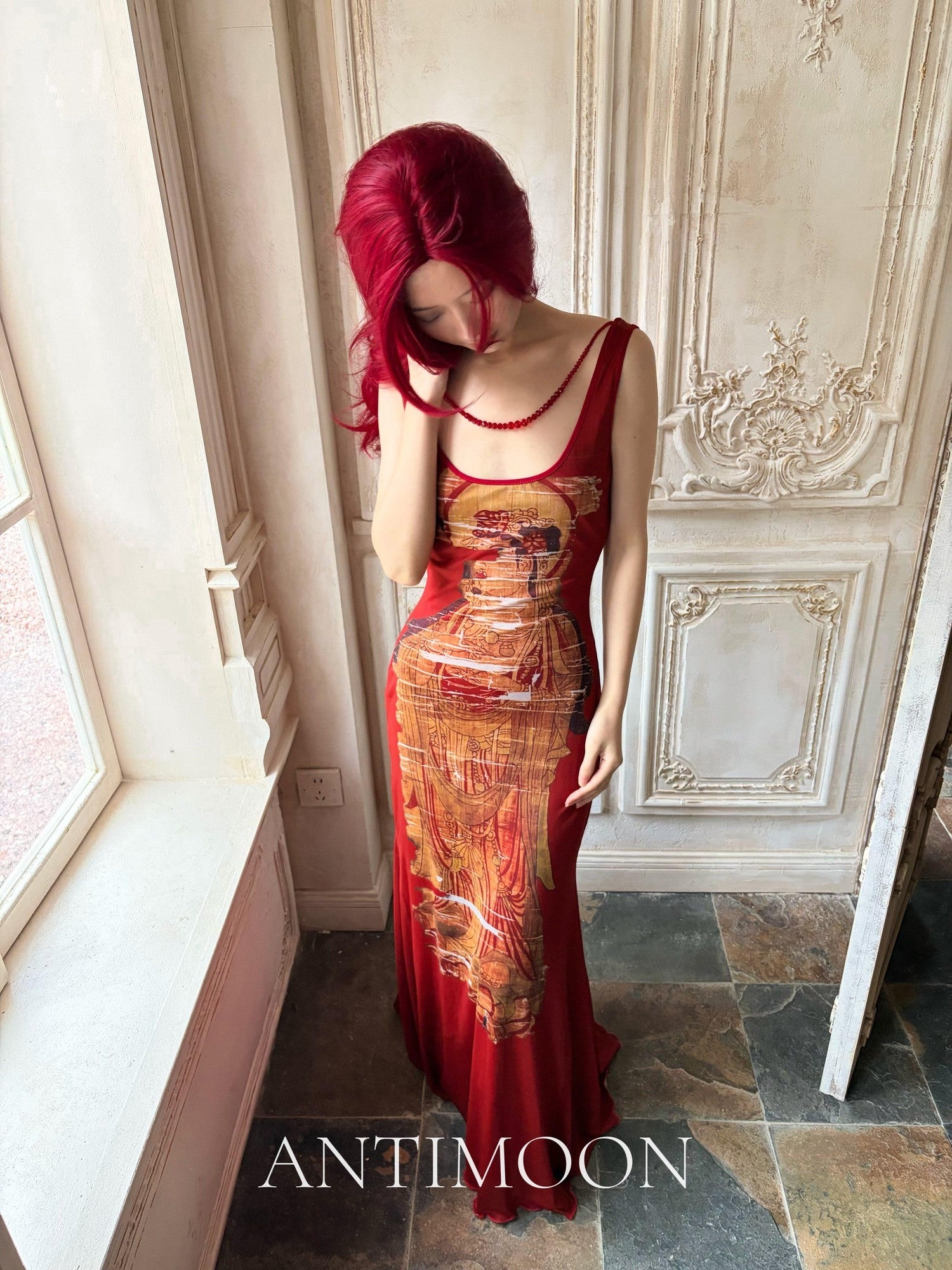 ANTIMOON Crimson Buddha Print Mermaid New Chinese Style Women's Bodycon Maxi Dresses