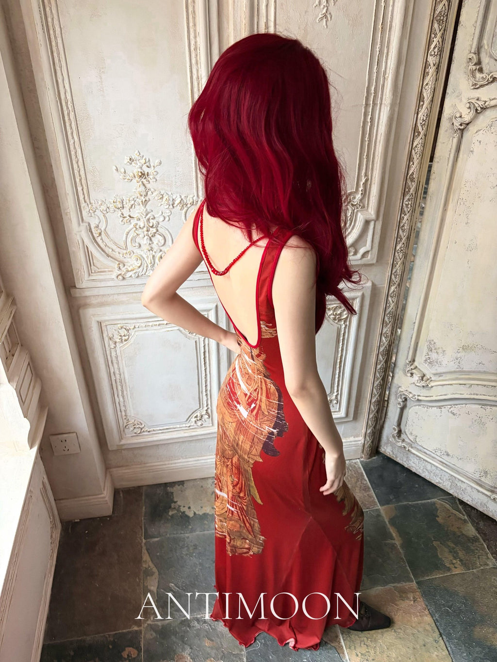 ANTIMOON Crimson Buddha Print Mermaid New Chinese Style Women's Bodycon Maxi Dresses