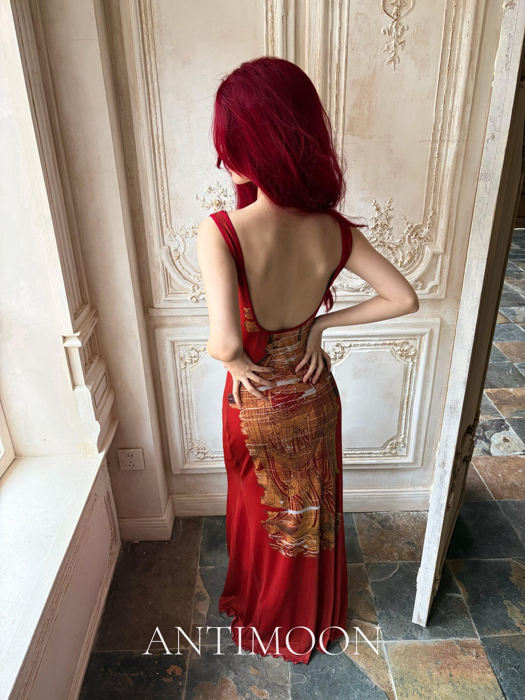 ANTIMOON Crimson Buddha Print Mermaid New Chinese Style Women's Bodycon Maxi Dresses