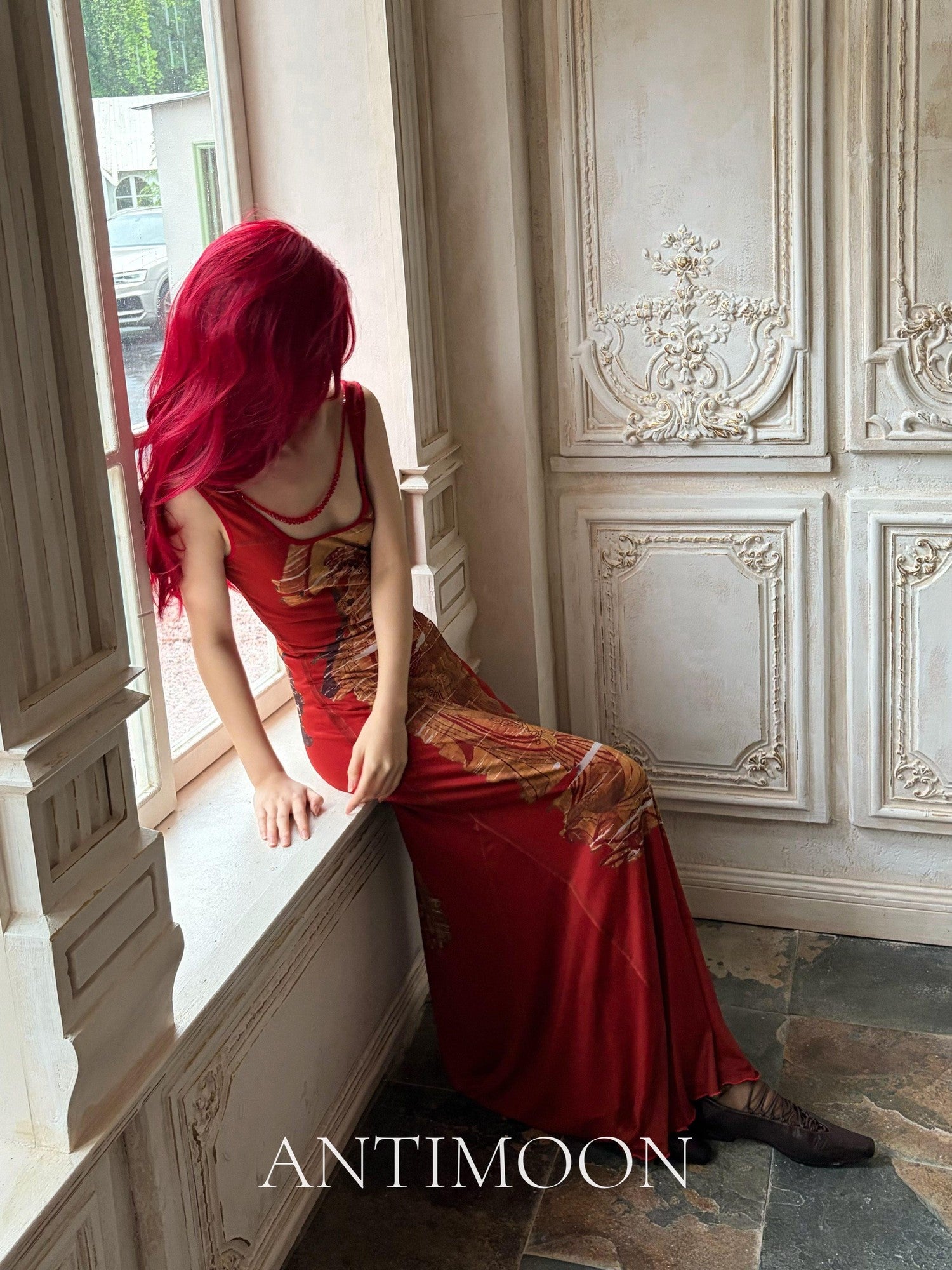 ANTIMOON Crimson Buddha Print Mermaid New Chinese Style Women's Bodycon Maxi Dresses