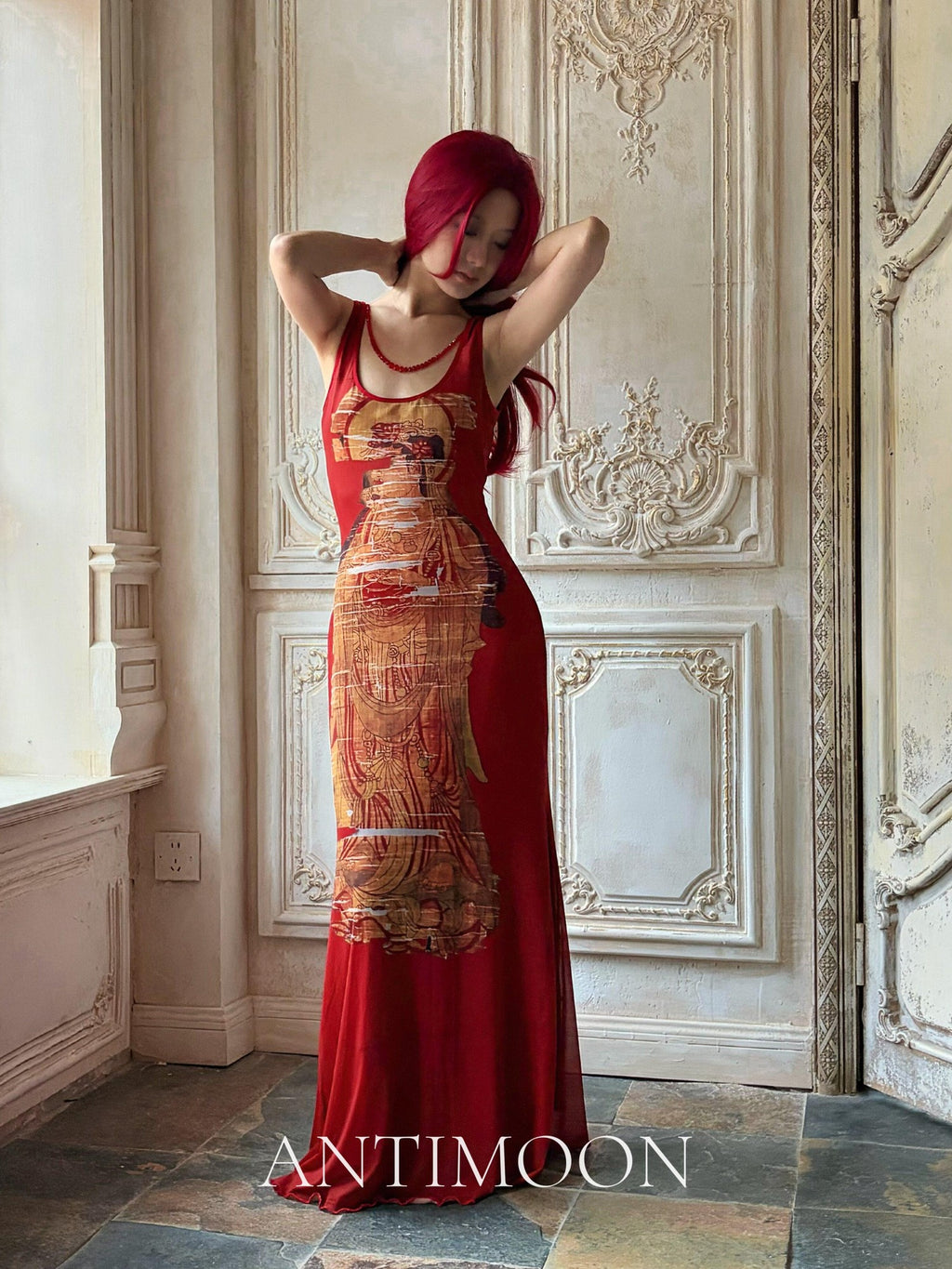 ANTIMOON Crimson Buddha Print Mermaid New Chinese Style Women's Bodycon Maxi Dresses