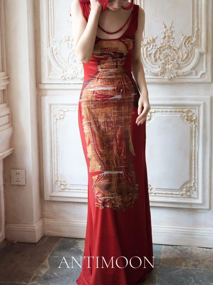 ANTIMOON Crimson Buddha Print Mermaid New Chinese Style Women's Bodycon Maxi Dresses