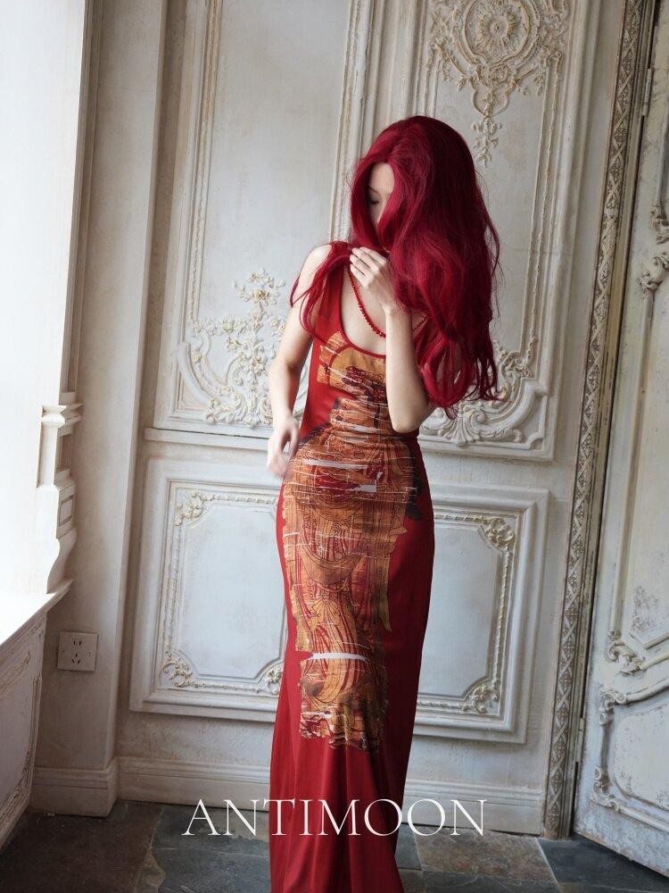 ANTIMOON Crimson Buddha Print Mermaid New Chinese Style Women's Bodycon Maxi Dresses