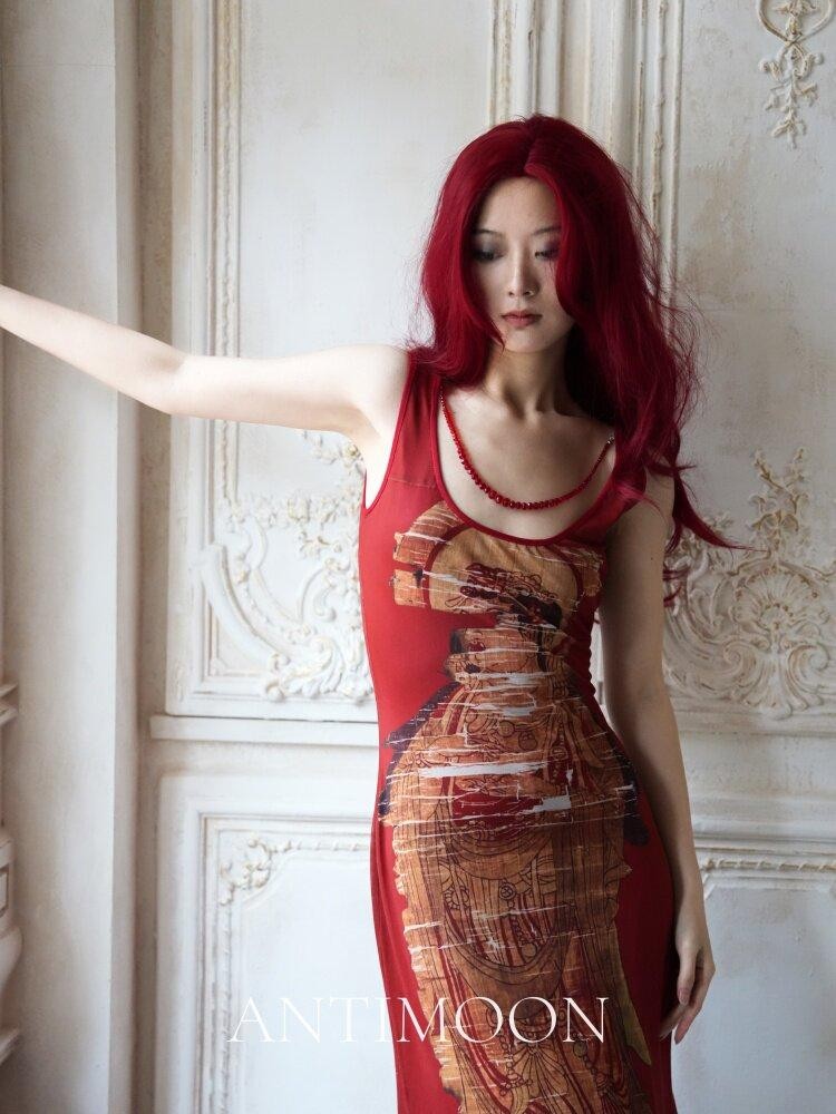 ANTIMOON Crimson Buddha Print Mermaid New Chinese Style Women's Bodycon Maxi Dresses