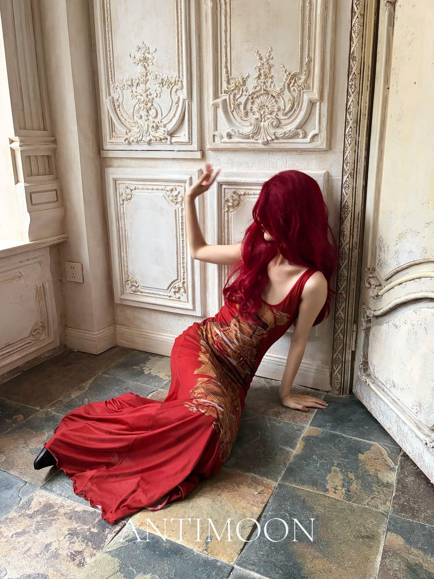 ANTIMOON Crimson Buddha Print Mermaid New Chinese Style Women's Bodycon Maxi Dresses