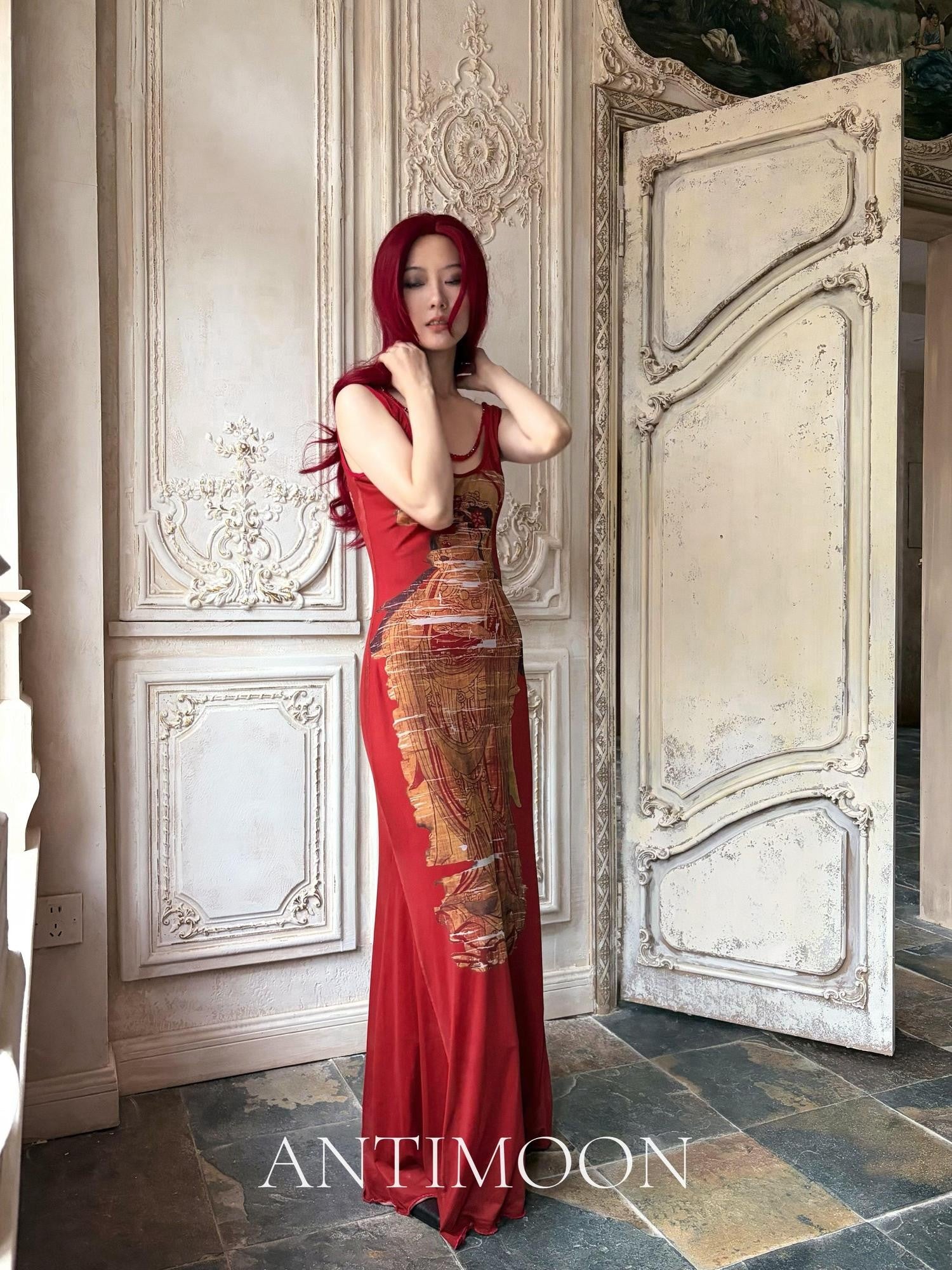 ANTIMOON Crimson Buddha Print Mermaid New Chinese Style Women's Bodycon Maxi Dresses