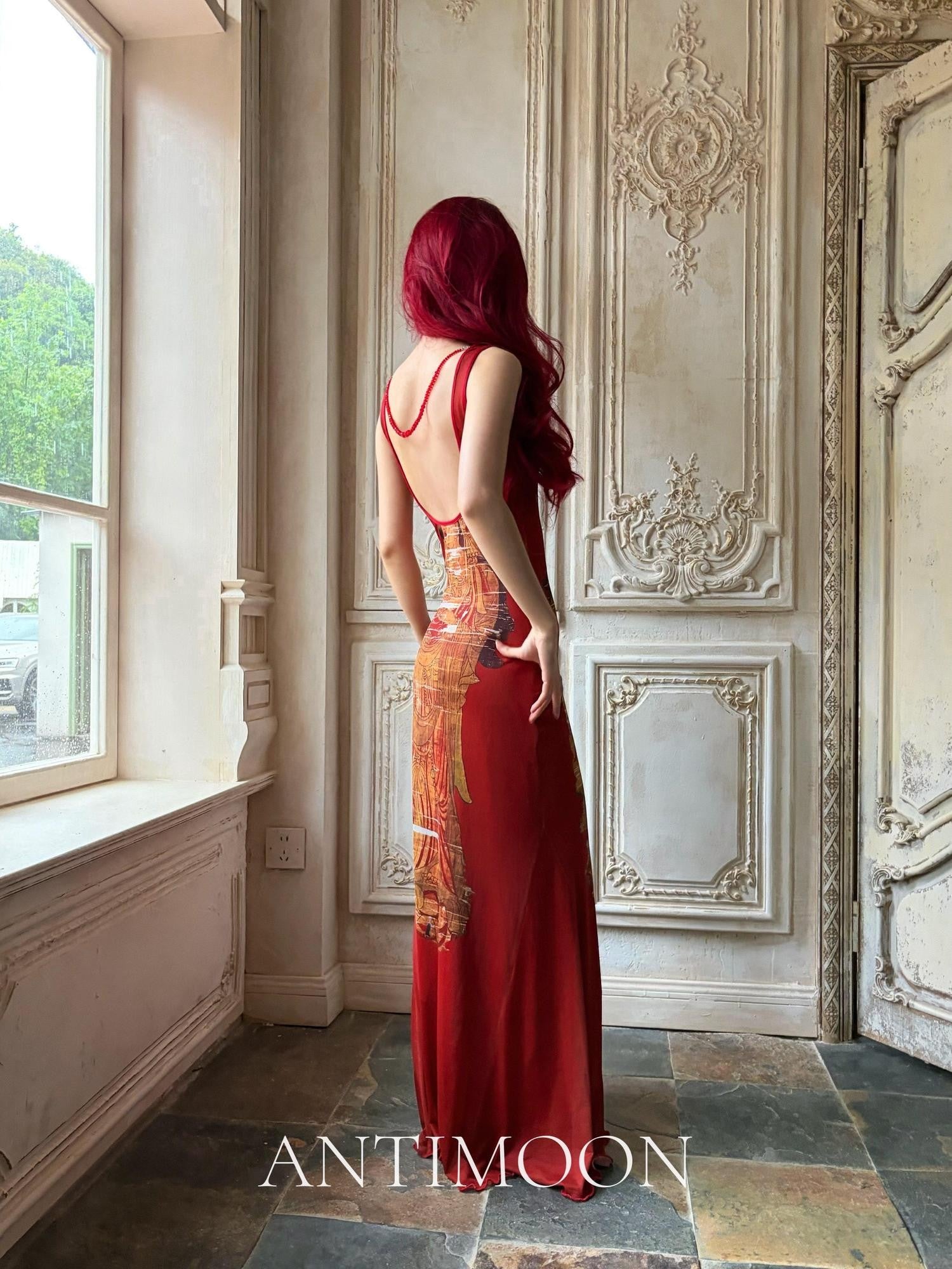 ANTIMOON Crimson Buddha Print Mermaid New Chinese Style Women's Bodycon Maxi Dresses