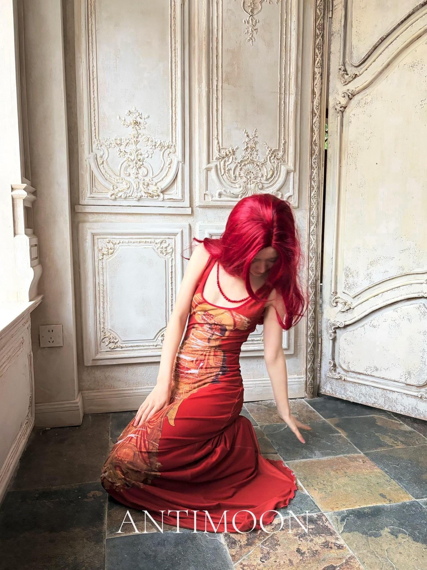ANTIMOON Crimson Buddha Print Mermaid New Chinese Style Women's Bodycon Maxi Dresses
