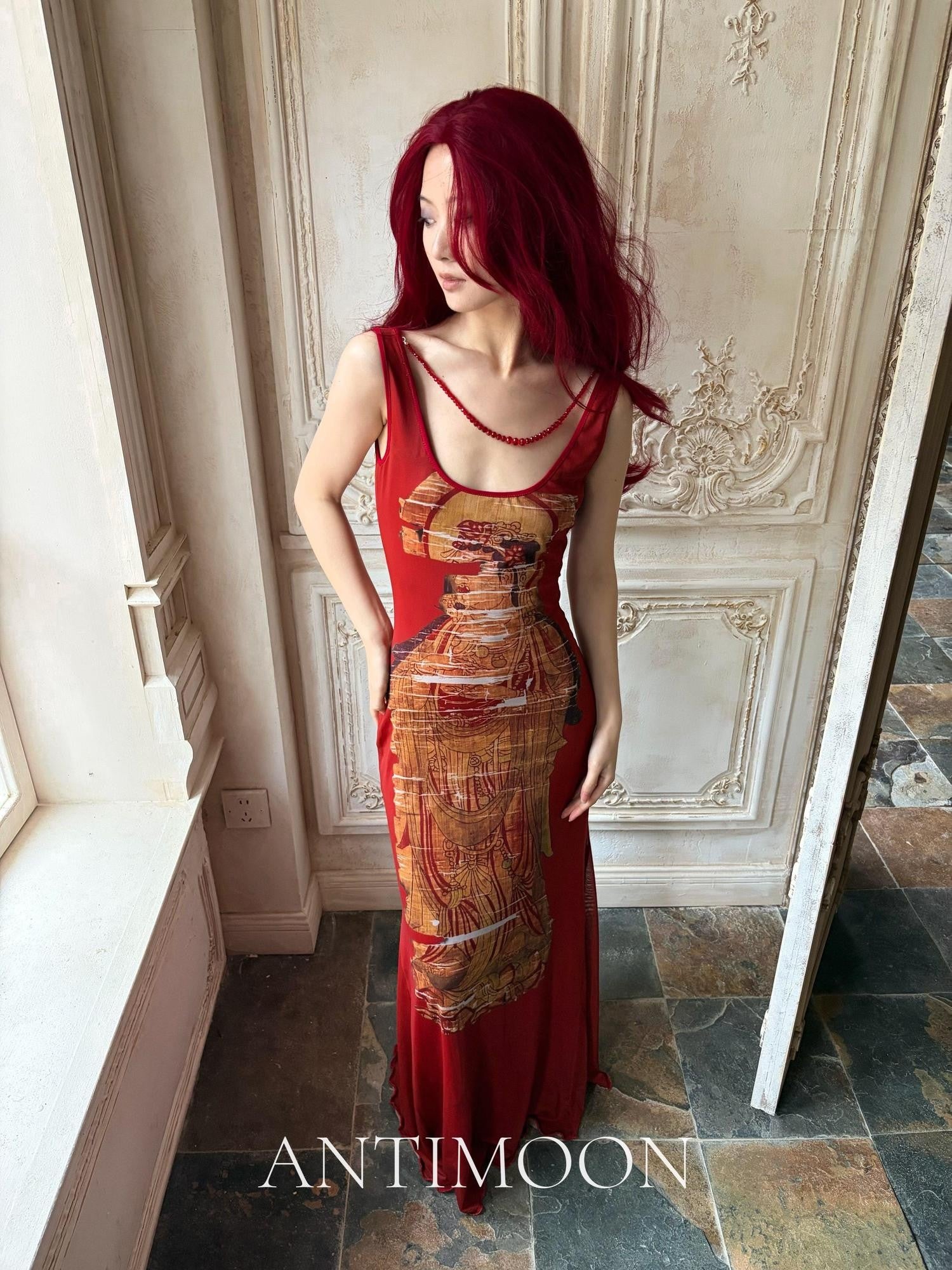 ANTIMOON Crimson Buddha Print Mermaid New Chinese Style Women's Bodycon Maxi Dresses