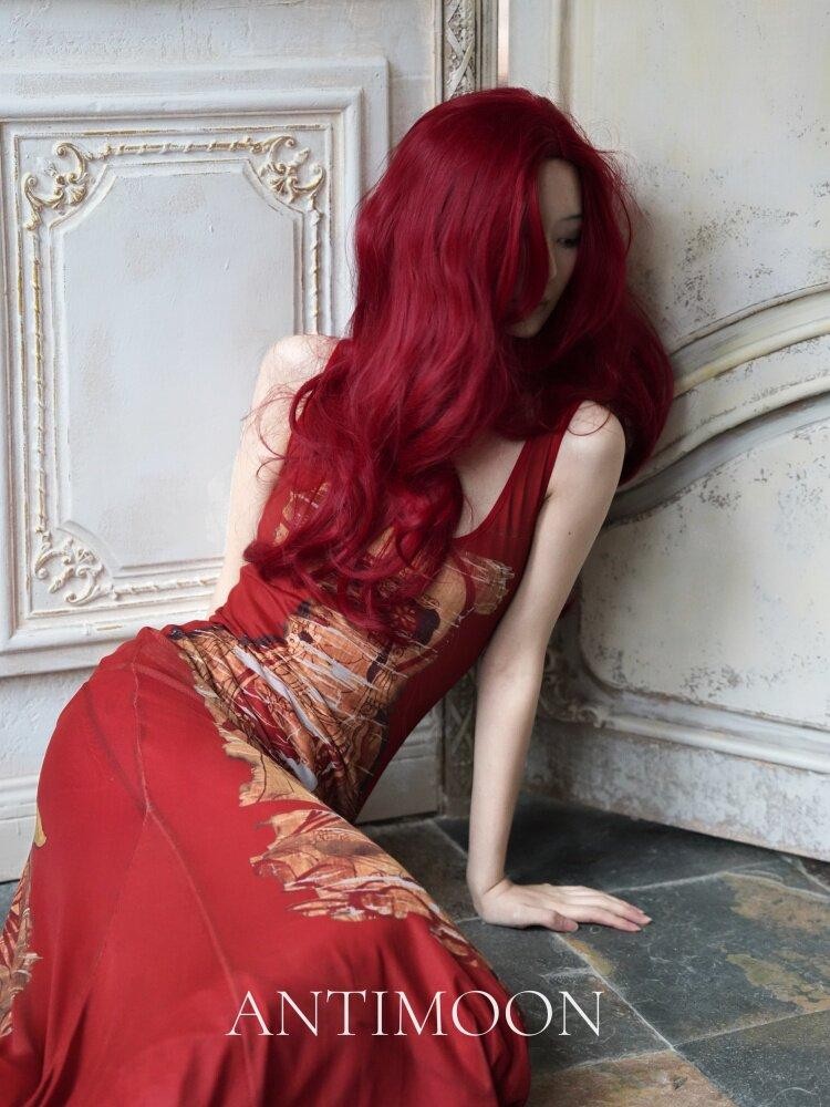 ANTIMOON Crimson Buddha Print Mermaid New Chinese Style Women's Bodycon Maxi Dresses