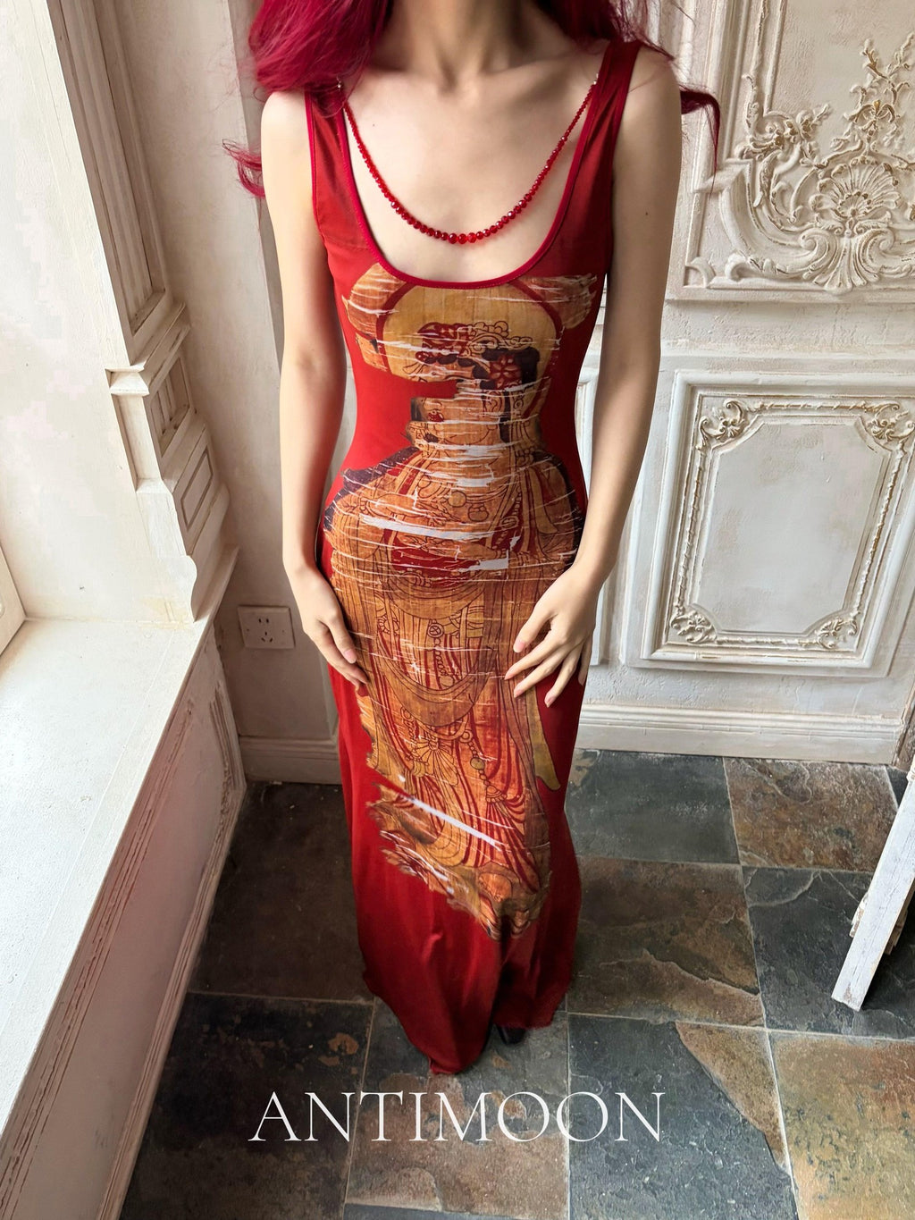 ANTIMOON Crimson Buddha Print Mermaid New Chinese Style Women's Bodycon Maxi Dresses