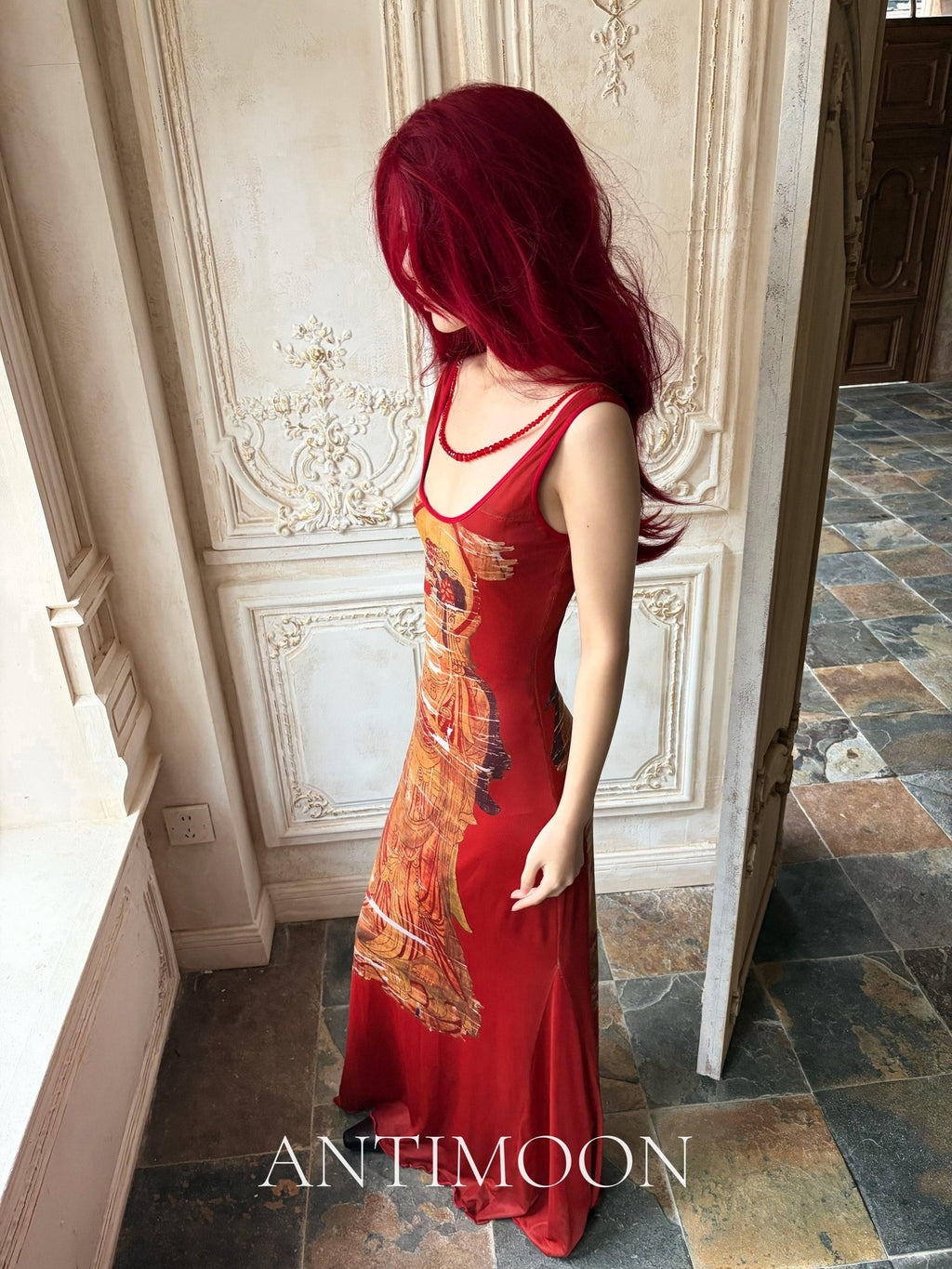ANTIMOON Crimson Buddha Print Mermaid New Chinese Style Women's Bodycon Maxi Dresses
