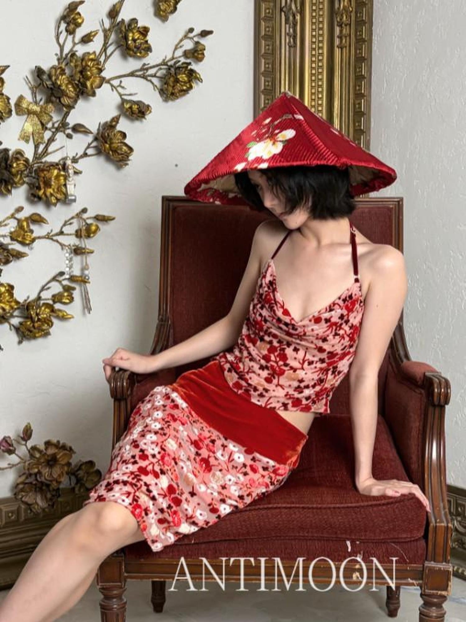 ANTIMOON Crimson Burnout Floral Retro Chinese Women's Halter Midi Dresses