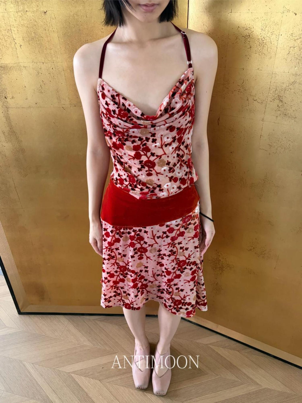 ANTIMOON Crimson Burnout Floral Retro Chinese Women's Halter Midi Dresses