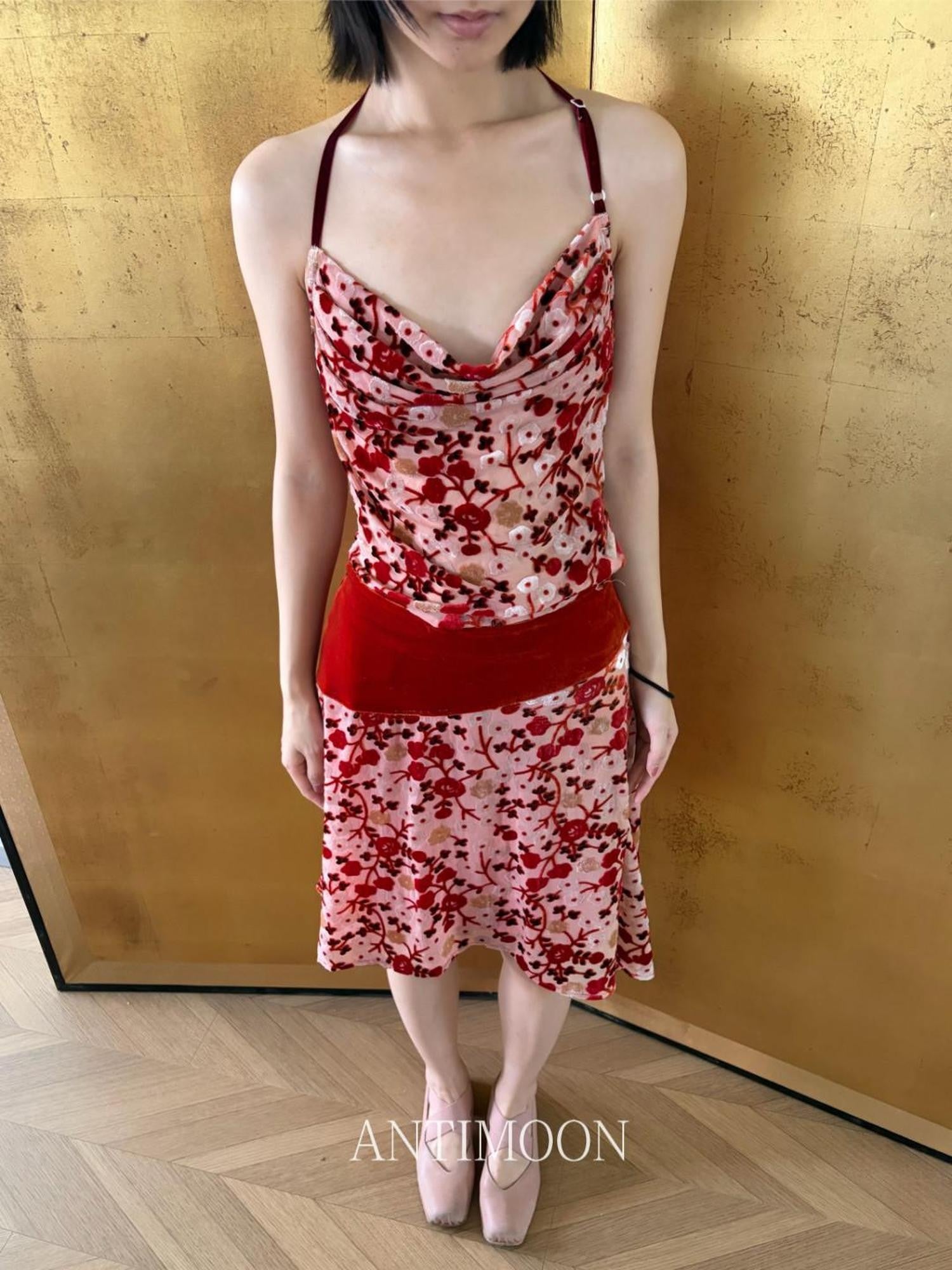 ANTIMOON Crimson Burnout Floral Retro Chinese Women's Halter Midi Dresses
