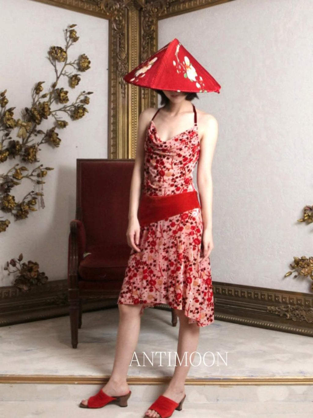 ANTIMOON Crimson Burnout Floral Retro Chinese Women's Halter Midi Dresses