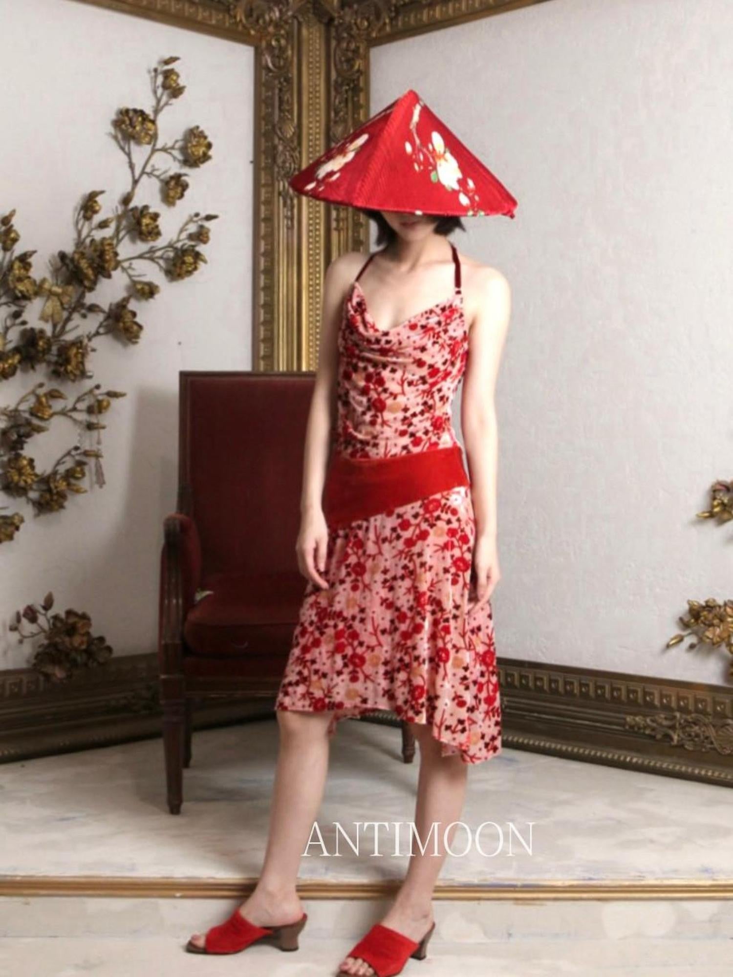 ANTIMOON Crimson Burnout Floral Retro Chinese Women's Halter Midi Dresses