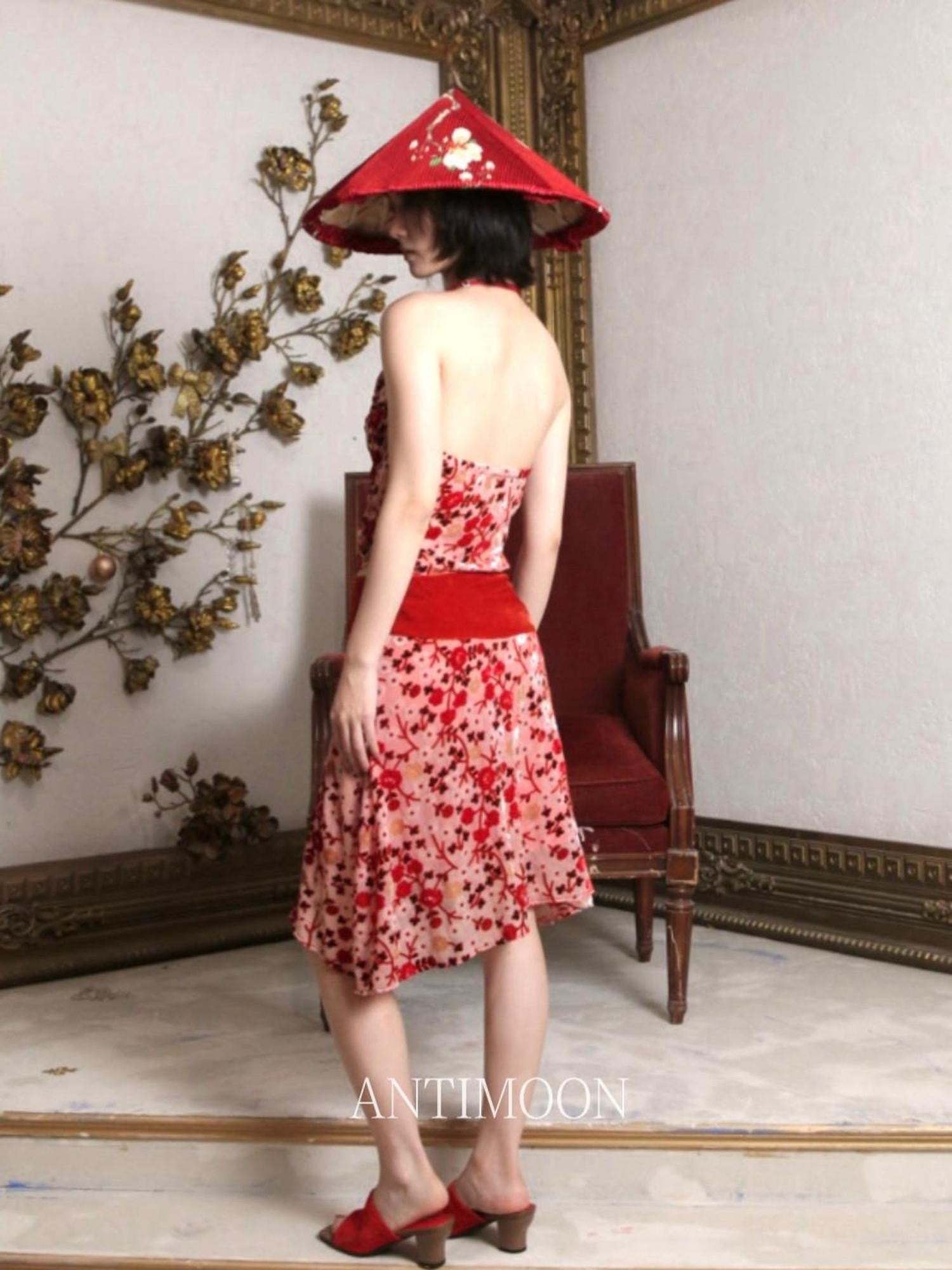 ANTIMOON Crimson Burnout Floral Retro Chinese Women's Halter Midi Dresses