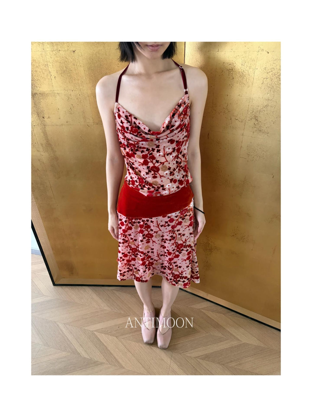 ANTIMOON Crimson Burnout Floral Retro Chinese Women's Halter Midi Dresses