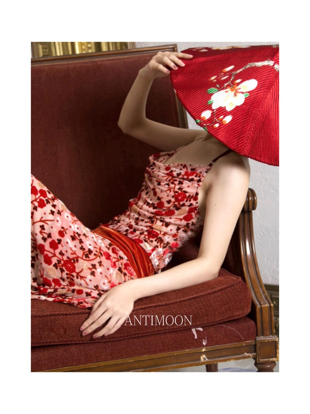 ANTIMOON Crimson Burnout Floral Retro Chinese Women's Halter Midi Dresses